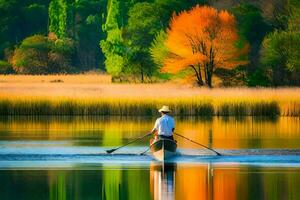 une homme aviron une bateau sur une Lac avec coloré des arbres. généré par ai photo