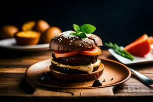 une Hamburger avec tomates et fromage sur une en bois plaque. généré par ai photo