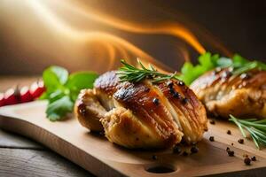 deux poulet les seins sur une Coupe planche avec herbes. généré par ai photo