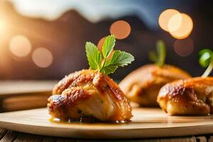 poulet ailes sur une en bois assiette avec une vert feuille. généré par ai photo