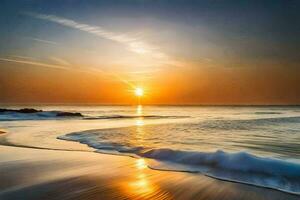 le Soleil monte plus de le océan et vagues sur une plage. généré par ai photo