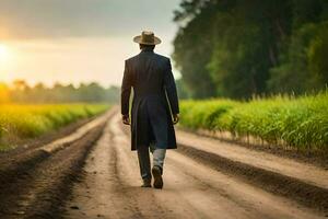 une homme dans une chapeau et manteau en marchant vers le bas une saleté route. généré par ai photo