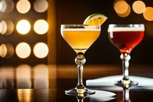 deux des cocktails asseoir sur une table dans de face de une brillant lumière. généré par ai photo