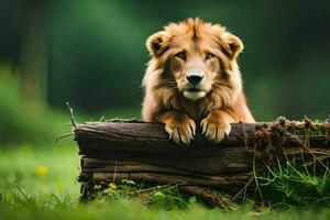 une Lion est séance sur une Journal dans le herbe. généré par ai photo