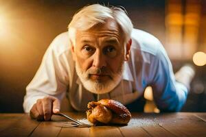 un vieux homme avec une blanc barbe et une fourchette est à la recherche à une poulet. généré par ai photo