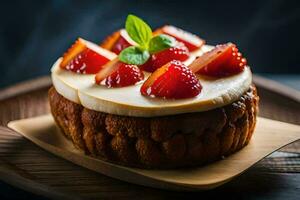 une petit gâteau avec des fraises sur Haut. généré par ai photo