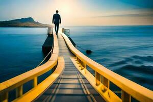 une homme permanent sur une pont plus de le océan. généré par ai photo
