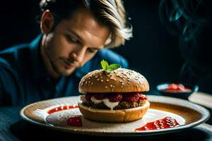 une homme est à la recherche à une Hamburger sur une plaque. généré par ai photo