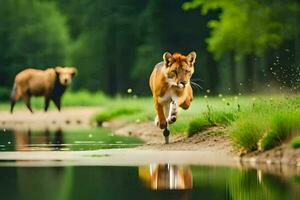 deux marron chiens fonctionnement à travers une rivière. généré par ai photo