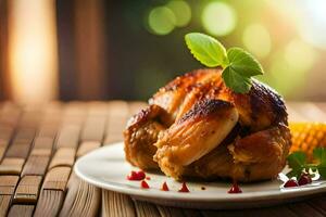 une poulet sur une assiette avec blé et herbes. généré par ai photo