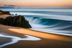 une longue exposition photographier de vagues s'écraser sur le plage. généré par ai photo