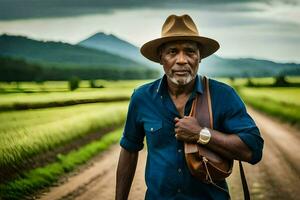 une homme dans une chapeau et bleu chemise permanent dans une champ. généré par ai photo