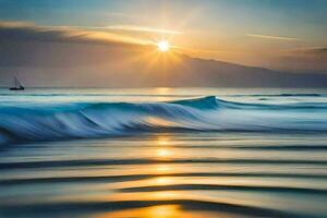 le coucher du soleil plus de le océan avec vagues et une voilier. généré par ai photo