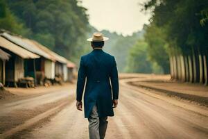 une homme dans une costume et chapeau en marchant vers le bas une saleté route. généré par ai photo