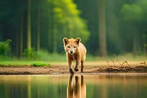 une Renard en marchant à travers une champ avec l'eau. généré par ai photo