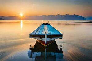 une bateau est assis sur le l'eau à le coucher du soleil. généré par ai photo