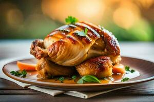 une poulet sur une assiette avec sauce et herbes. généré par ai photo