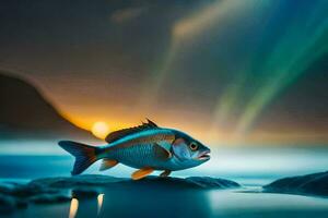 une poisson est permanent sur le rochers à le coucher du soleil. généré par ai photo