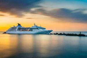 croisière navire dans le océan à le coucher du soleil. généré par ai photo