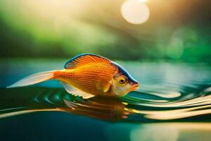 une poisson nager dans le l'eau avec une brillant lumière derrière il. généré par ai photo