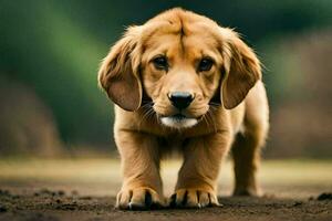 une chiot est en marchant sur une saleté route. généré par ai photo