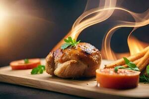 une pièce de poulet sur une en bois Coupe planche avec des légumes. généré par ai photo