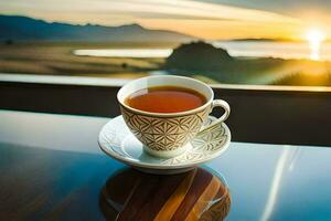 une tasse de thé sur une table dans de face de une magnifique voir. généré par ai photo