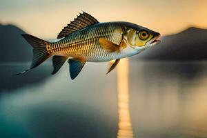 une poisson est en volant plus de une Lac à le coucher du soleil. généré par ai photo