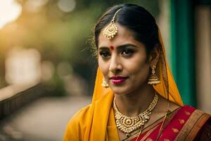 une magnifique Indien femme dans une traditionnel sari. généré par ai photo