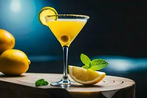 une cocktail avec citron et menthe sur une en bois tableau. généré par ai photo