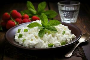 une assiette de chalet fromage est sur le tableau, petit déjeuner. ai généré photo