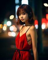 magnifique asiatique fille portant charme soie robe ai génératif photo