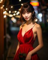 magnifique asiatique fille portant charme soie robe ai génératif photo