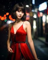 magnifique asiatique fille portant charme soie robe ai génératif photo