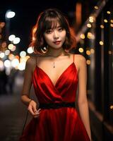 magnifique asiatique fille portant charme soie robe ai génératif photo