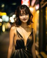 magnifique asiatique fille portant charme soie robe ai génératif photo