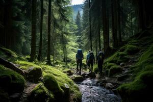 trekking par le forêt équipes avec sacs à dos. ai généré photo