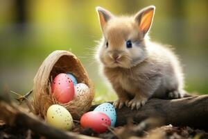 Pâques lapin avec panier et coloré des œufs. ai généré photo