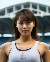 magnifique souriant asiatique fille athlète dans des sports arène ai génératif photo