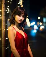 magnifique asiatique fille portant charme soie robe ai génératif photo