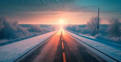 route dans le hiver montagnes dans le arrière-plan, neigeux forêt - ai généré image photo