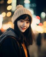 une de bonne humeur coréen fille portant sweat à capuche et tricoter chapeau ai génératif photo