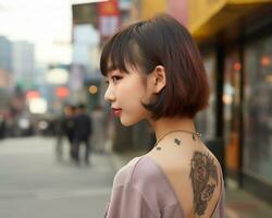 de bonne humeur coréen fille avec tatouage souriant à caméra ai génératif photo