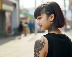 de bonne humeur coréen fille avec tatouage souriant à caméra ai génératif photo