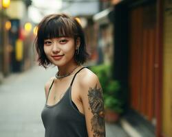 de bonne humeur coréen fille avec tatouage souriant à caméra ai génératif photo