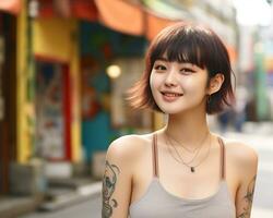 de bonne humeur coréen fille avec tatouage souriant à caméra ai génératif photo