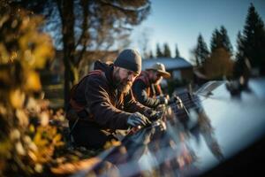 ouvriers bâtiment solaire panneau système sur toit de maison. Hommes techniciens dans casques porter photovoltaïque solaire module en plein air. génératif ai photo