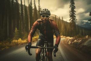 cycliste équitation par une scénique paysage, soulignant le liberté, aventure, et le esprit de exploration cette cyclisme des offres. génératif ai photo