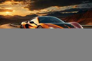 une futuriste lisse des sports voiture courses vers le bas un vide Autoroute à coucher de soleil, mettant en valeur le frisson de haute vitesse conduite. génératif ai photo