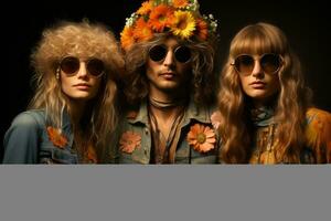 portraits de gens habillé dans hippie mode, avec fleur couronnes, rond des lunettes de soleil, et l'éxtremité inferieur de la cloche jeans, mettant en valeur leur unique style. génératif ai photo